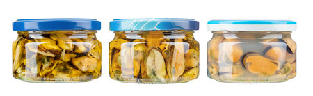 Glasses jars with conserved mussels isolated on the white background.の写真素材