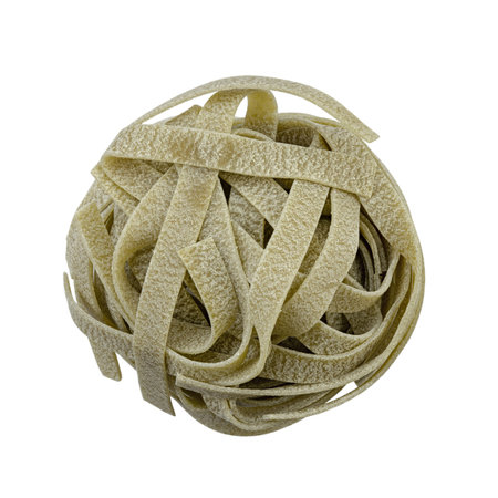 Raw tagliatelle verdi green pasta with spinach isolated on white background.の写真素材