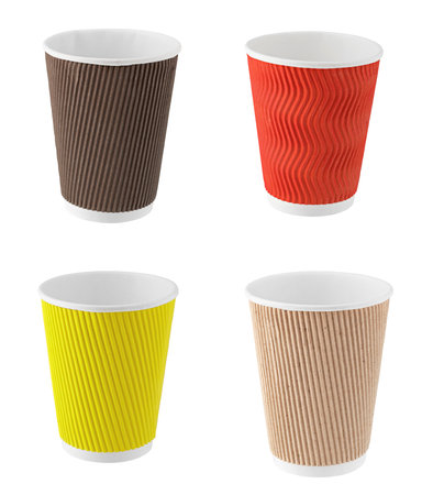 Set of colorful empty disposable paper cup for drinks isolated on white background.の写真素材