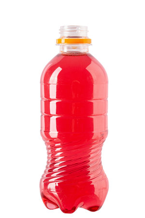 Plastic bottle of red sweet water isolated on white background.の写真素材