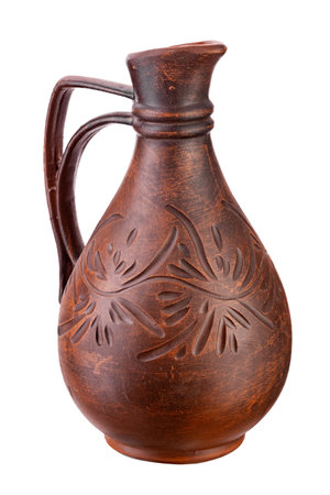 Clay jug with a narrow neck liquid for water or wine, isolated on white background. Full depth of field.の写真素材