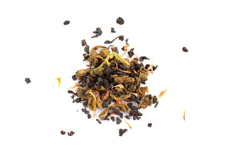 Tea with strawberry flavor and passion fruit on white background. Top view.の写真素材