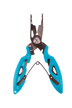Tackle pliers for fishing blue color isolated on white background. Full depth of field.の写真素材