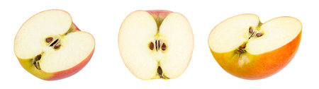 Red apple isolated. Half and a slice on isolated white background. Red apple set. File contains clipping path. Full depth of field.の写真素材