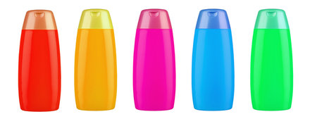Set of different colored plastic bottles for shampoo. Isolated on white background. Ready for your design. File contains clipping path.の写真素材