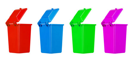 Set multi colors recycling bins with open lid isolated on white background. Garbage, trash bin. File contains clipping path.の写真素材