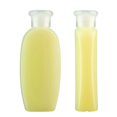 Shampoo in a plastic bottle isolated on a white background. Cosmetic products. File contains clipping path. Full depth of field.の写真素材