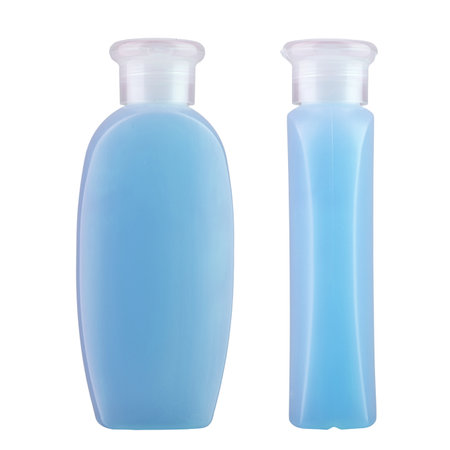 Shampoo in a plastic bottle isolated on a white background. Cosmetic products. File contains clipping path. Full depth of field.の写真素材