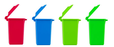 Set multi colors recycling bins with open lid isolated on white background. Garbage, trash bin. File contains clipping path.の写真素材