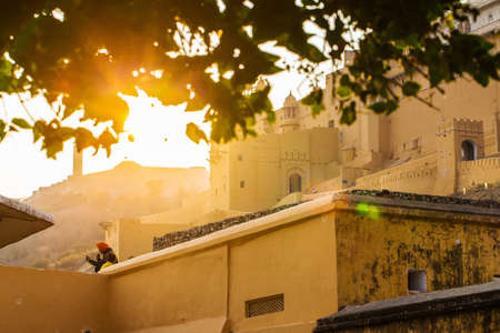 Sunset. Evening in Fort Amer. India. The fortified residence of Raja Man Singha.In northern suburb of Jaipur, on the crest of a rocky hill behind Lake Maota.の写真素材