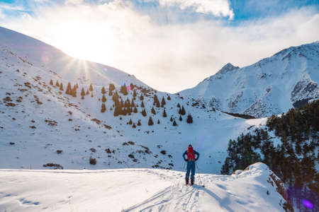A man in the mountains. Ski touring on a split snowboard. A man stands with his back to the viewer and looks at the mountain landscape. Winter sport. Kyrgyzstanの写真素材