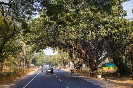 Ellora, Maharashtra, INDIA - JANUARY 15, 2018: Typical road in india. Shady beautiful road in a rural areaのeditorial素材