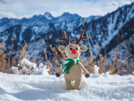 Toy deer in the winter in the mountains. Handmade knitted Christmas tree toyの写真素材
