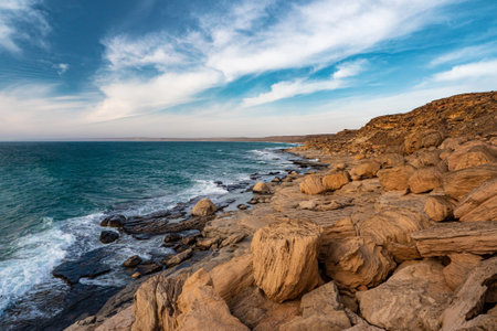 Shore of the Caspian Sea in winter. Windy day. Area of the Mangystau Peninsula, Kazakhstanの写真素材