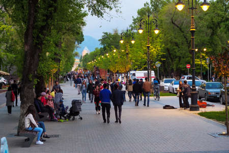 Almaty, Kazakhstan - APRIL 29, 2019: People walk down the street. City street in the evening. Panfilova streetのeditorial素材
