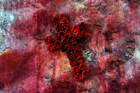 Red cross agains wallの写真素材