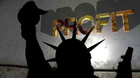 Statue of liberty against broken profit background 3d illustrationの写真素材