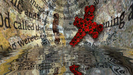 Bible text and cross  of Jesus reflecting in waterの写真素材