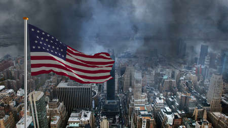 USA flag against storm in big cityの写真素材