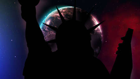 The statue of liberty of New York City against earth in spaceの写真素材