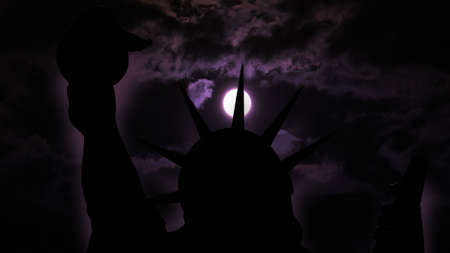 The statue of liberty of New York City against full  moonの写真素材