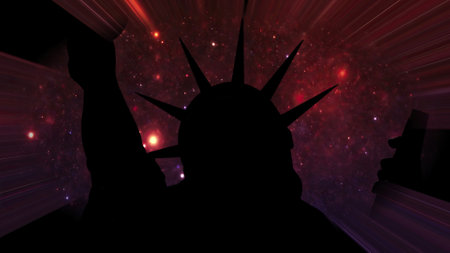 Statue of liberty against Stars in the night with light raysの写真素材