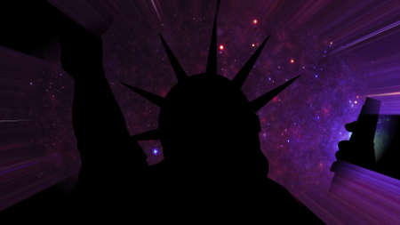 Statue of liberty against Stars in the night with light raysの写真素材