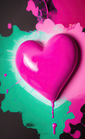 Pink heart on a pink background with splashes and drops of paintの写真素材