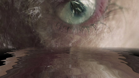 Scary eye on grunge background reflected in water