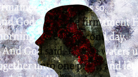 Surreal  Portrait of  Woman silhouette and cross of Jesusの写真素材