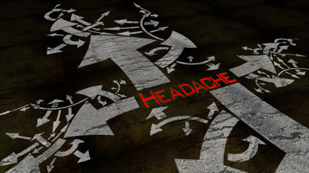 Headache text on a crossroad in different ways of arrowsの写真素材