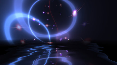 Colorful particles background reflected in waterの写真素材