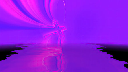 3D neon glow cross  over blue reflecting in waterの写真素材