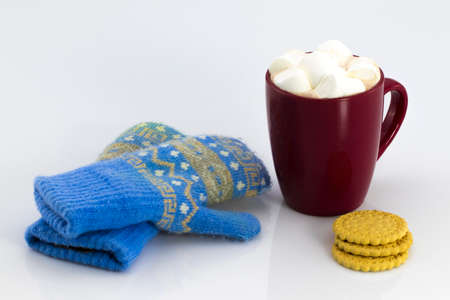 Cocoa in Red mug with Marshmallows and biscuits, isolated on white backgroundの写真素材