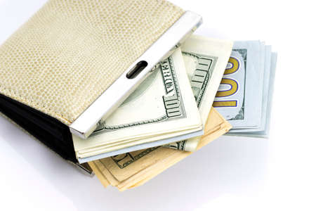 yellow wallet for money, isolated on whiteの写真素材