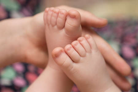 Two baby's foot in mother hands closeupの写真素材