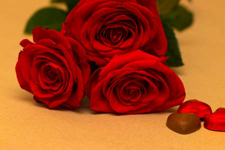 Red roses and hearts on a yellow background. Valentine's day backgroundの写真素材
