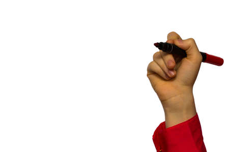 Hand holding marker isolated on white boardsの写真素材