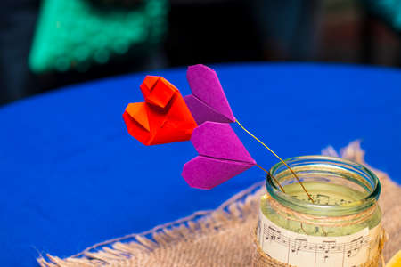 Symbol of love on sweet blue , greeting card, Flat design Happy Valentines.の写真素材