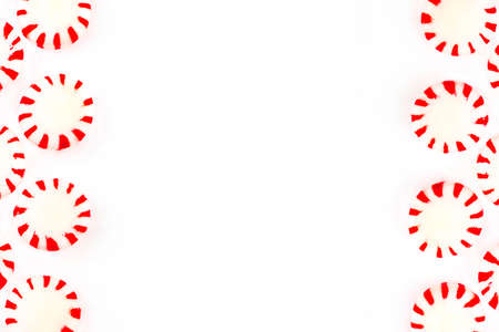  Christmas peppermint candy on a white background. Top view with copy space.の写真素材