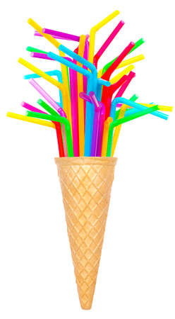 Ice cream cone with colorful drinking straws on white background