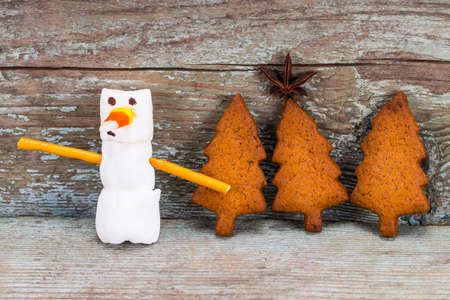 Happy New Year 2018 concept - funny marshmallow snowman and number 2018 with gingerbread on wooden background.の写真素材
