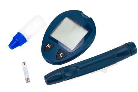 The blood glucose meter with test strips isolated on white background.