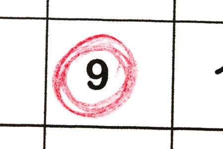 Mark the date number 9. The fifth day of the month is marked with a red circle.