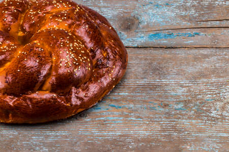 Bakery background, bread on wooden table . Top view with copy space.の写真素材