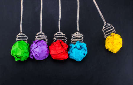 Great Idea. Creativity Concept with crumpled paper bulb bright idea on chalkboard background.