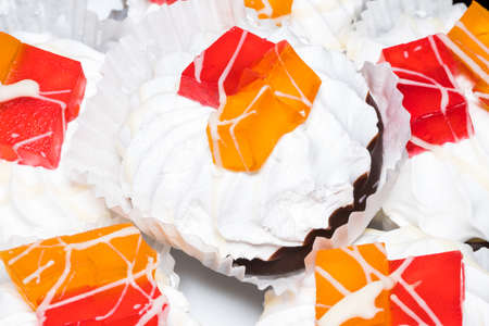 marshmallows and jelly, sweets on the table.の写真素材