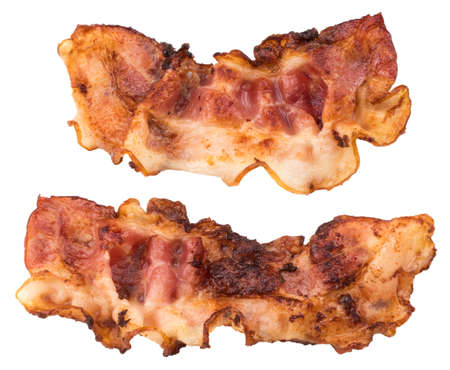 two slices of fresh fried bacon isolated on a white background.の写真素材