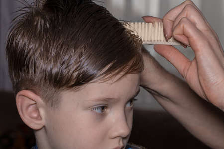 Side view of cute little boy getting haircut by hairdresser at the barbershop.の写真素材
