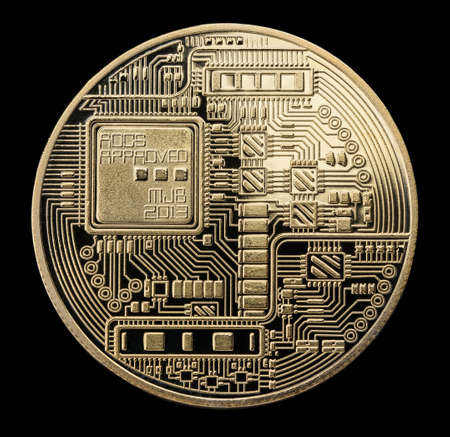 Bitcoin. Physical bit coin. Digital currency. Cryptocurrency. Golden coin with bitcoin symbol on black background.の写真素材